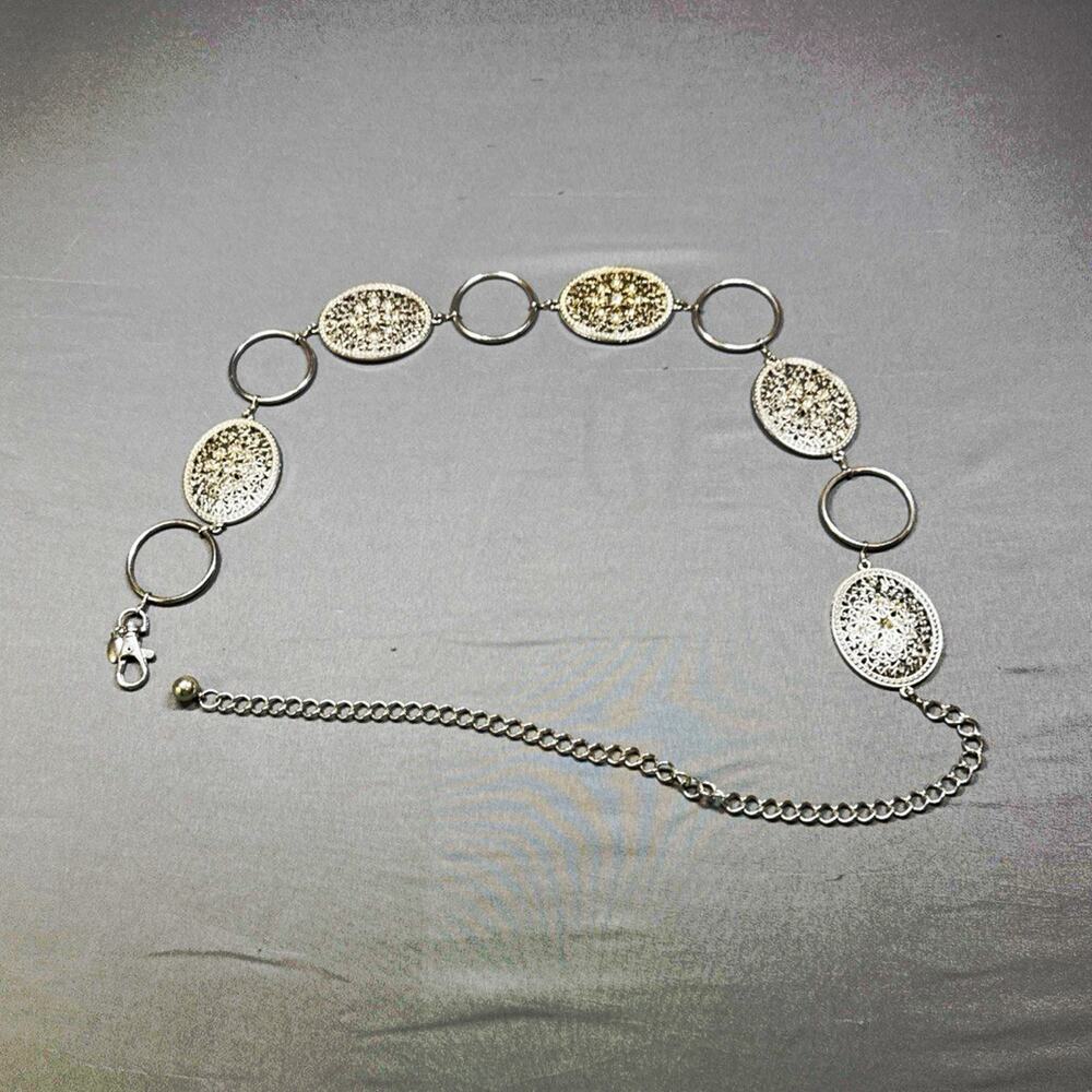 Silver Tone Oval Filigree Link Chain Belt Lobster Clasp